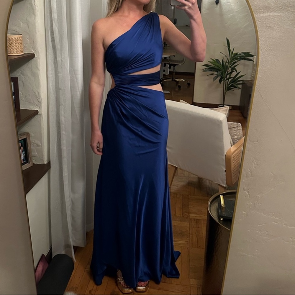 Mac Duggal Bodice Cutout One-Shoulder Satin Gown Cobalt Blue Size 2